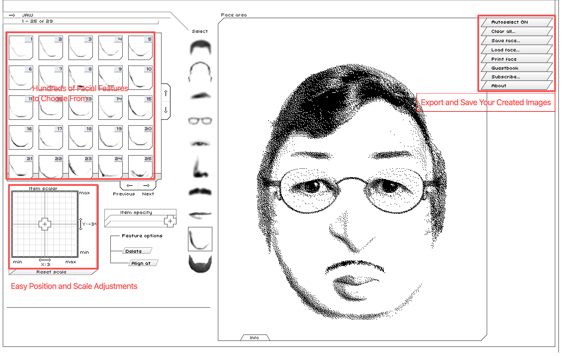 Key features marked across the Flash Face Full interface